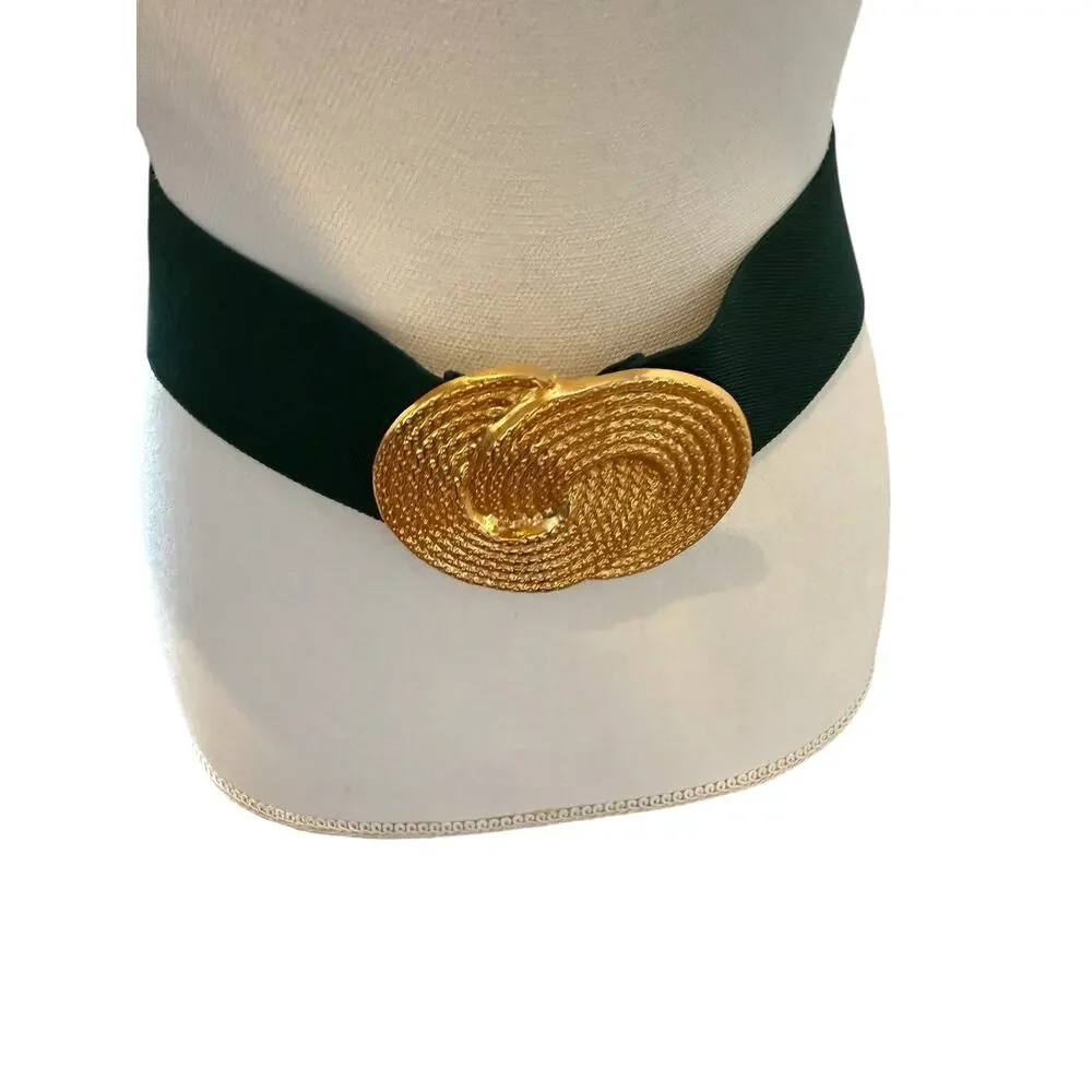 Vintage Nan Lewis Gold Rope Statement Buckle Stretchy Belt Hunter Green